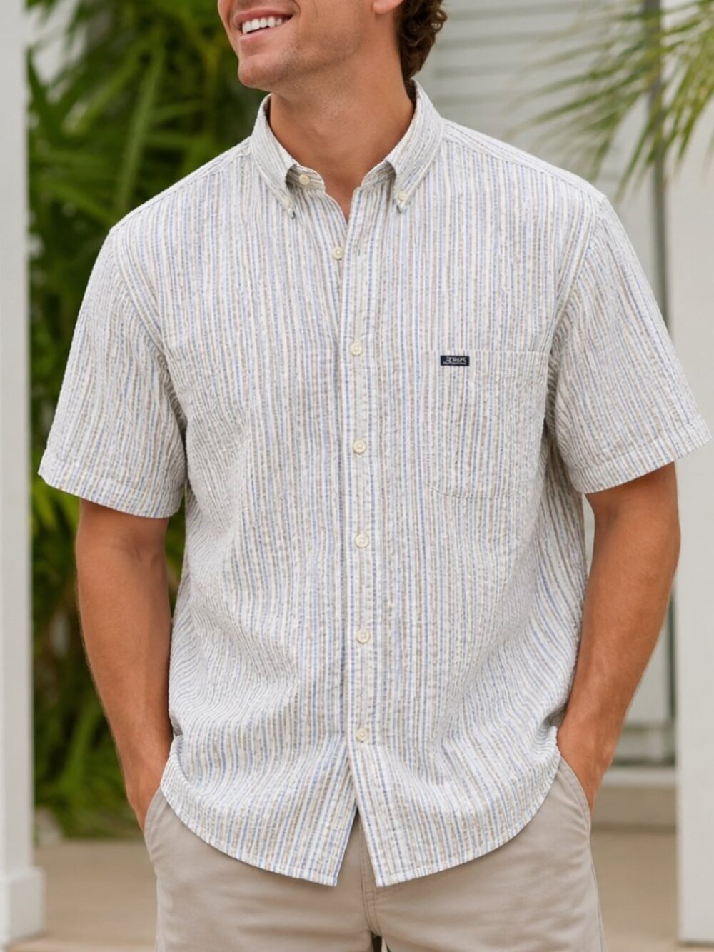 CHAPS Ralph Lauren Mens White Tan Blue Striped Seersucker Short Sleeve Shirt XL